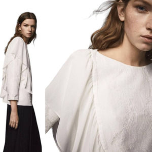 New Massimo Dutti Sz 2 Lace Flutter Chiffon Blouse 3/4 Sleeve Top Ivory Boatneck